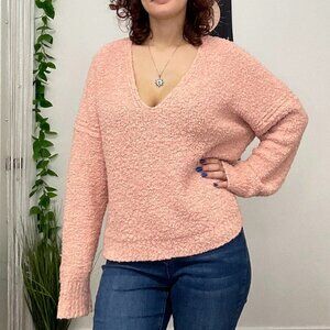Free People V-Neck Pullover Shag Sweater Long Sleeve Size M Pink